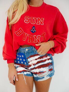 Judith March Sun Burnt Sweatshirt Pullover Cotton Embellished Crewneck Red Small
